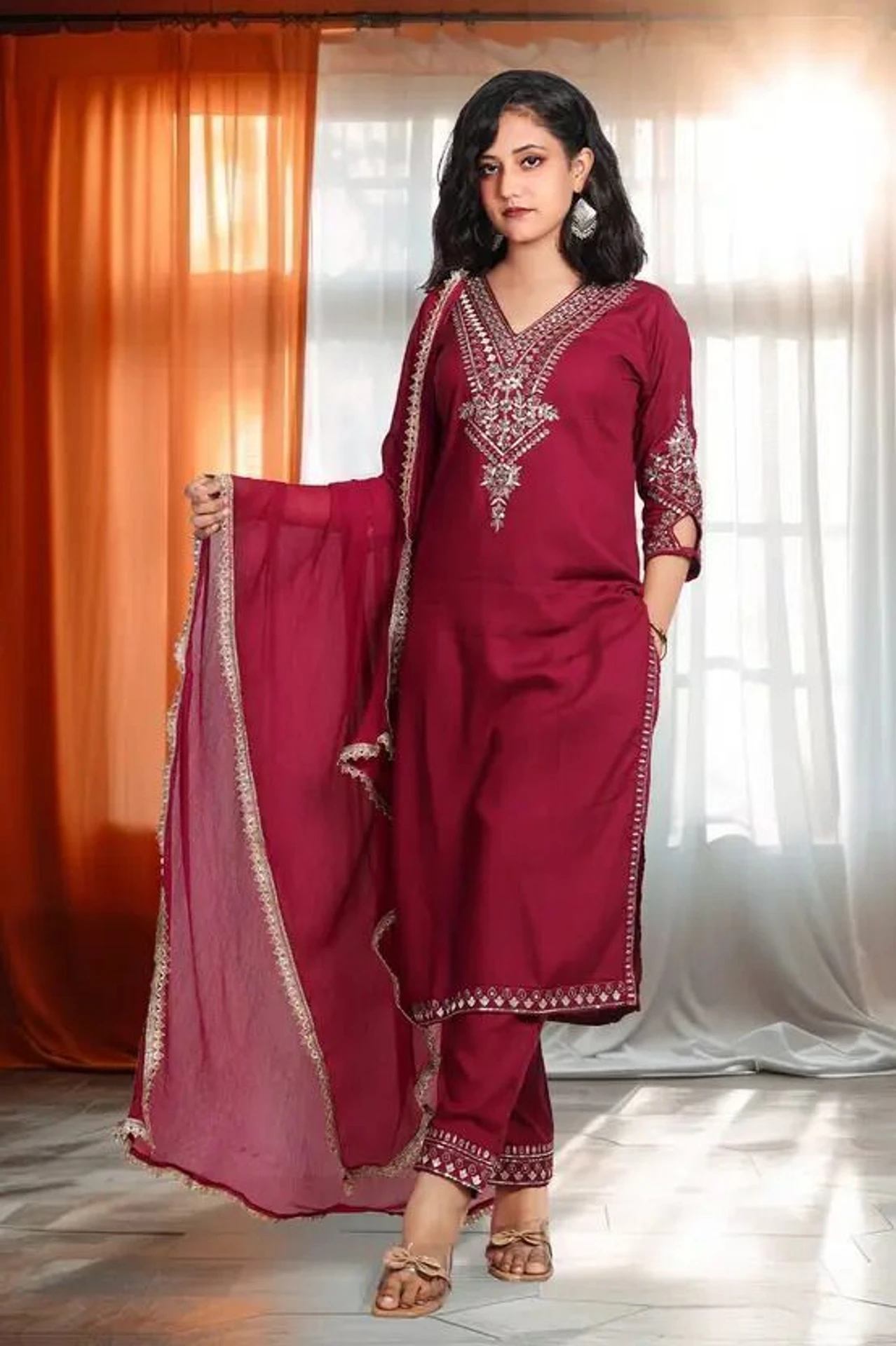 bilori Women's Maroon Rose Gold Zari with Sequins Embroidered Kurta, Trouser/Pant & Dupatta Set