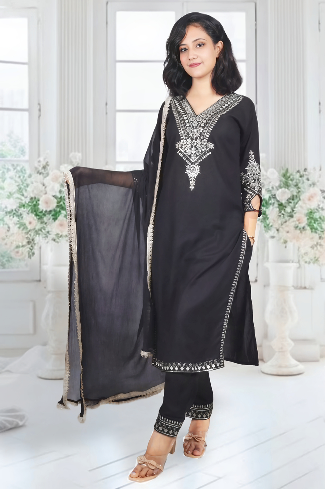 bilori Women's Black Rose Gold Zari with Sequins Embroidered Kurta, Trouser/Pant & Dupatta Set