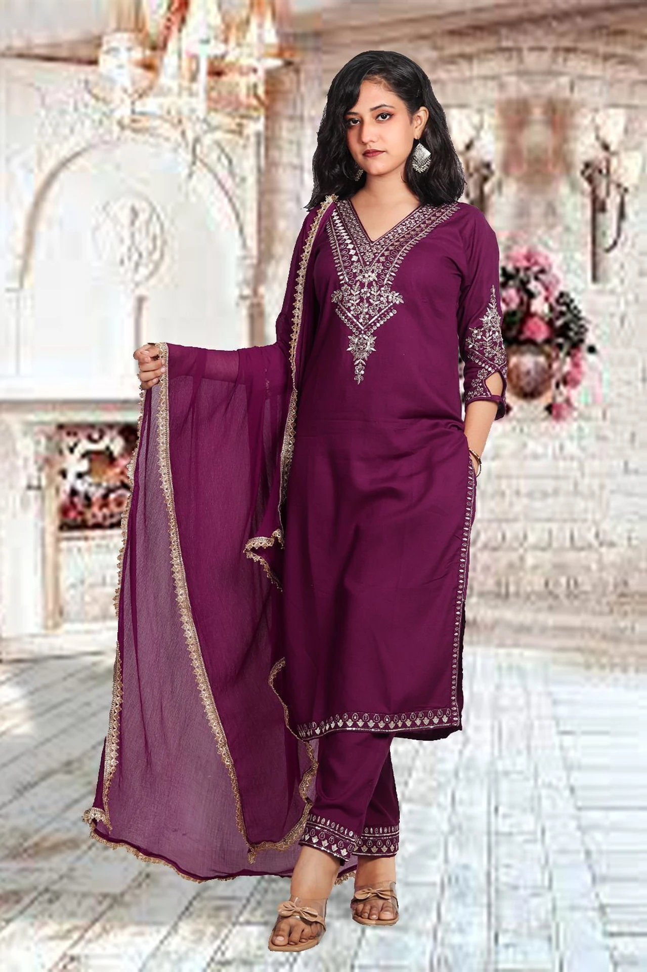 bilori Women's Wine Rose Gold Zari with Sequins Embroidered Kurta, Trouser/Pant & Dupatta Set