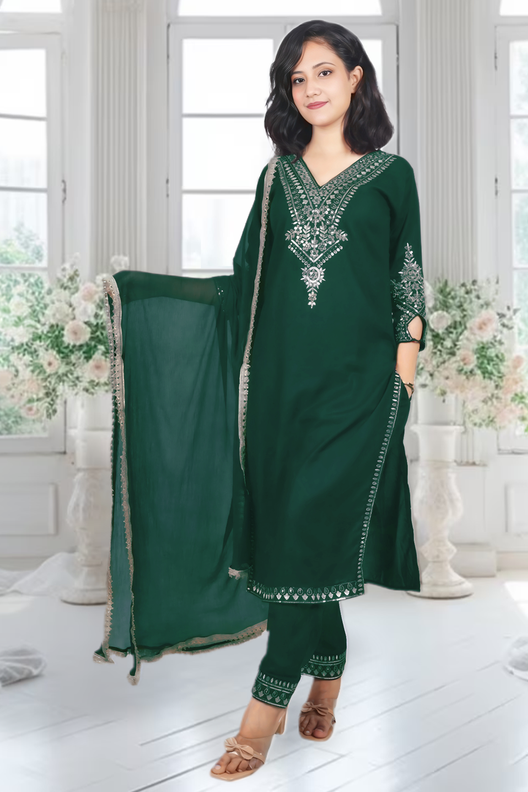 bilori Women's Bottle Green Rose Gold Zari with Sequins Embroidered Kurta, Trouser/Pant & Dupatta Set