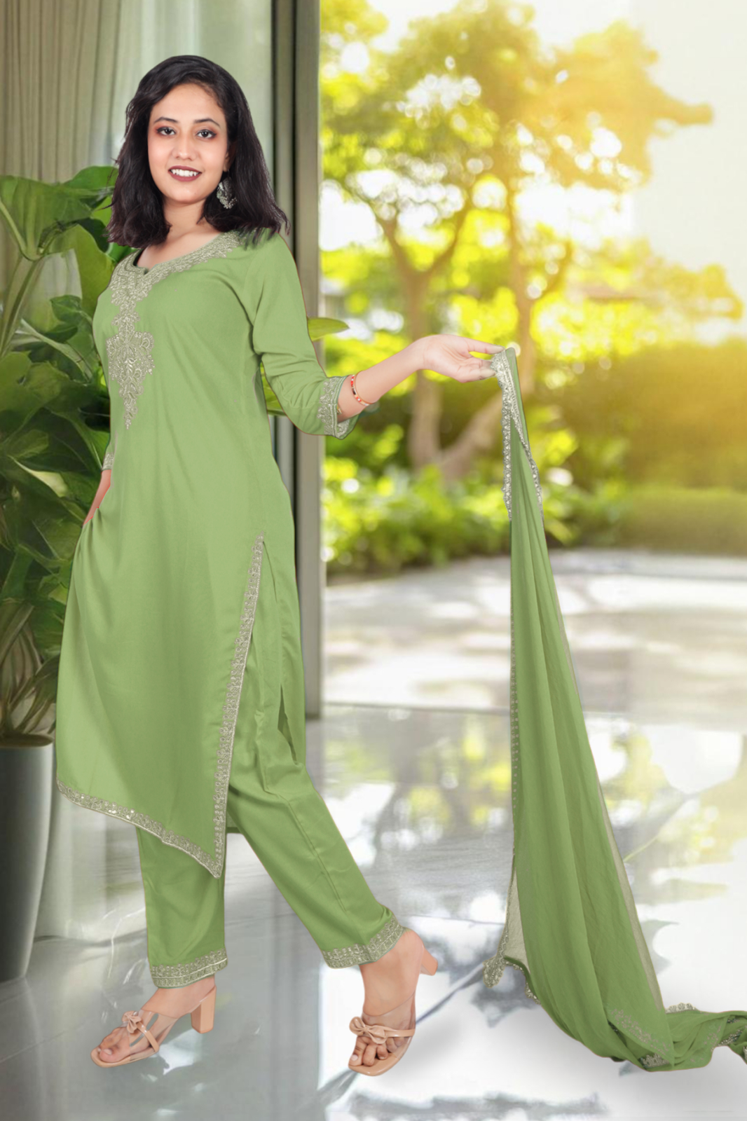 Women's Pista Green Rose Gold Zari with Sequins Embroidered Kurta, Trouser/Pant & Dupatta Set