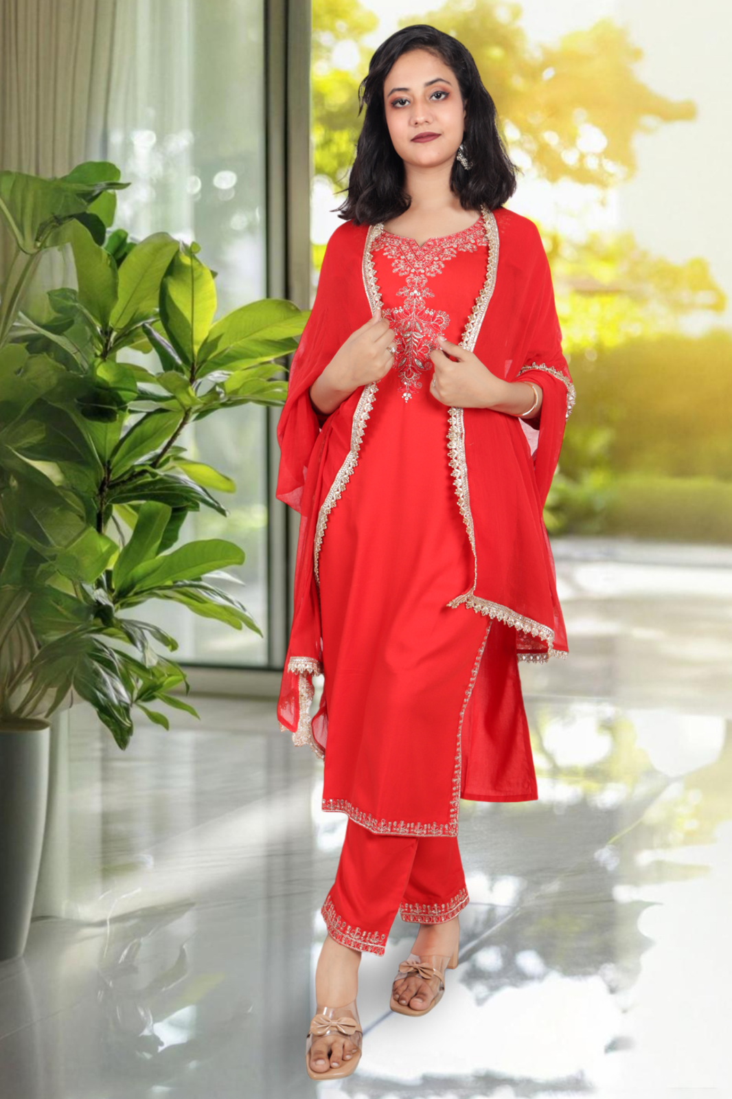 Women's Red Rose Gold Zari with Sequins Embroidered Kurta, Trouser/Pant & Dupatta Set