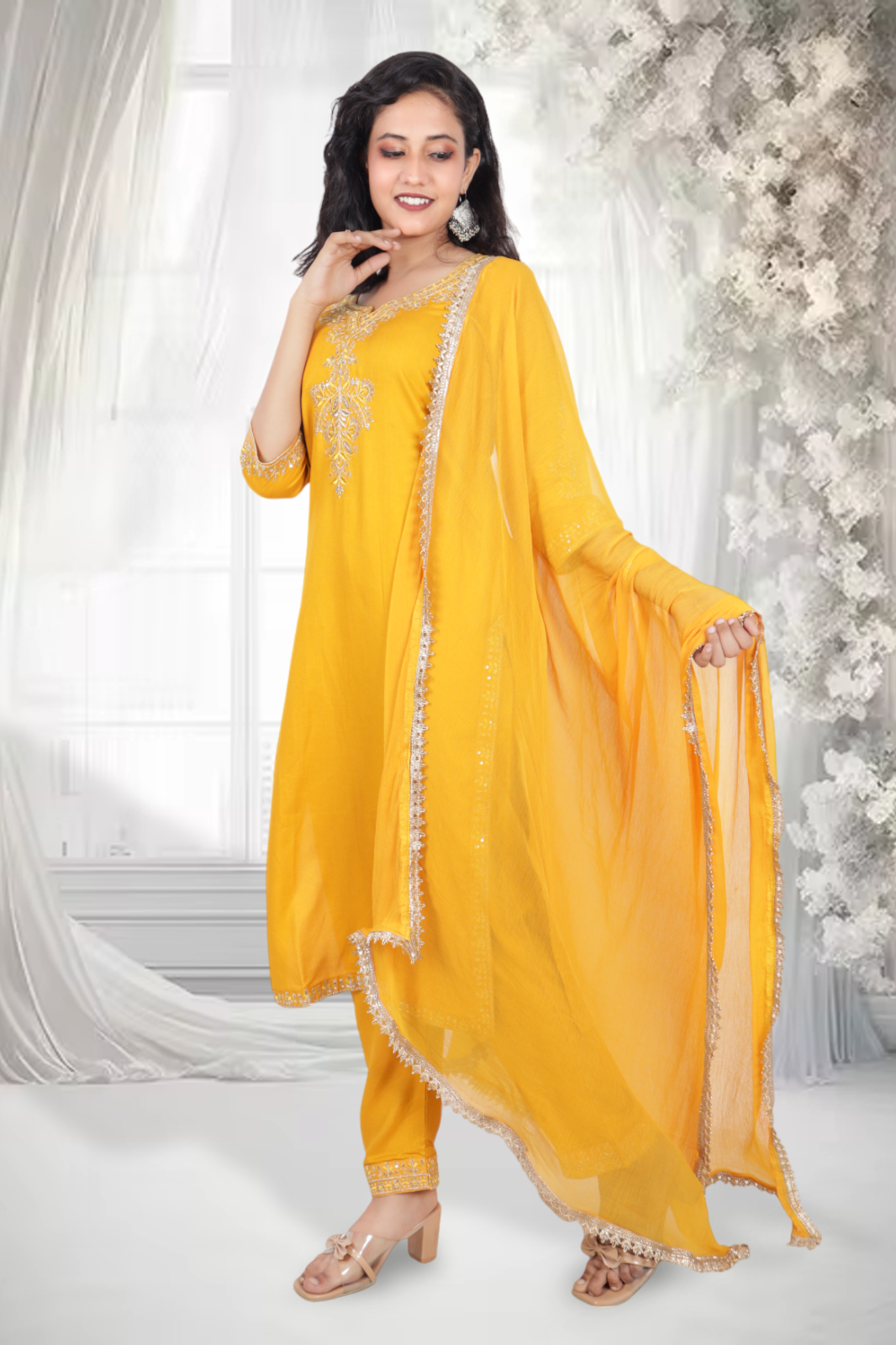 bilori Women's Yellow Rose Gold Zari with Sequins Embroidered Kurta, Trouser/Pant & Dupatta Set