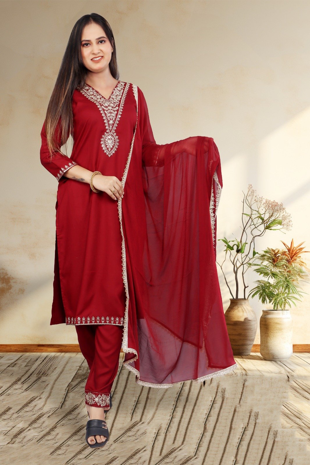 Women's Maroon Rose Gold Zari with Sequins Embroidered Kurta, Trouser/Pant & Dupatta Set