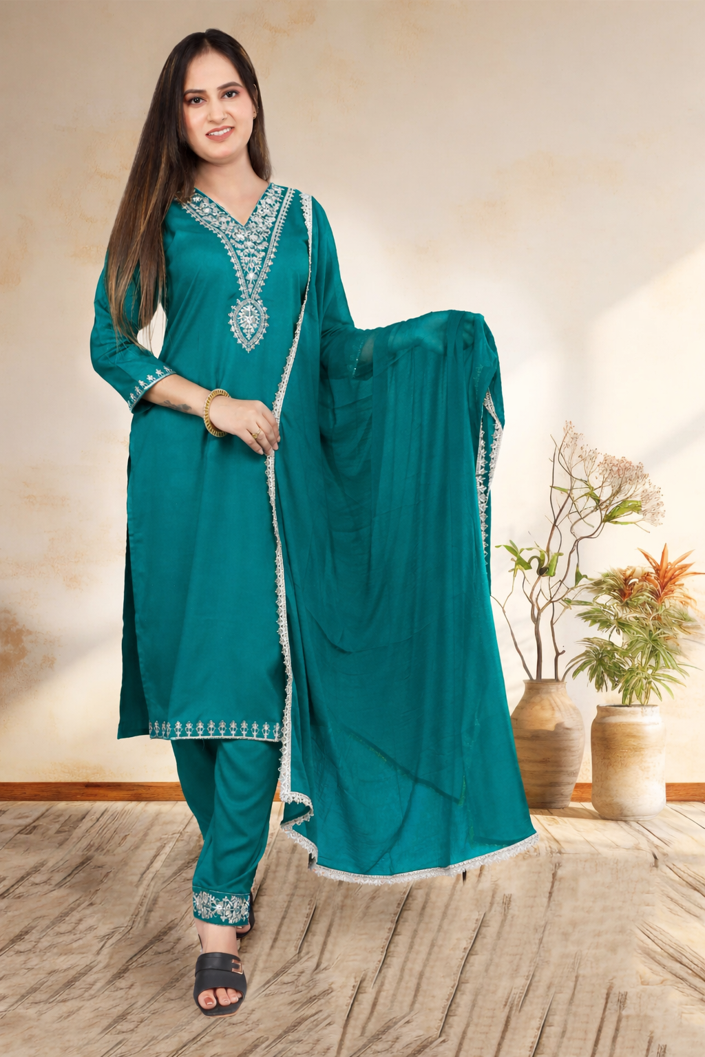 Women's Rose Rama Green Gold Zari with Sequins Embroidered Kurta, Trouser/Pant & Dupatta Set