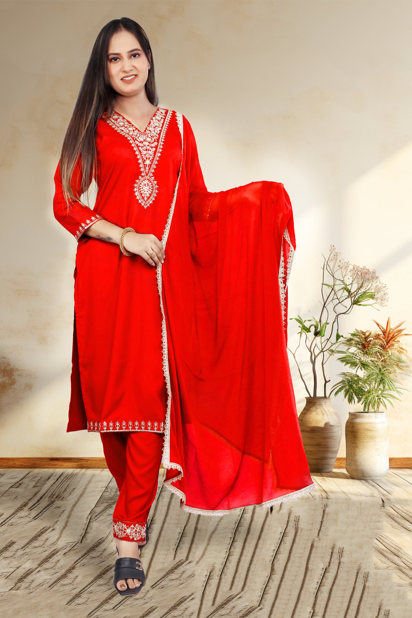 Women's Red Rose Gold Zari with Sequins Embroidered Kurta, Trouser/Pant & Dupatta Set