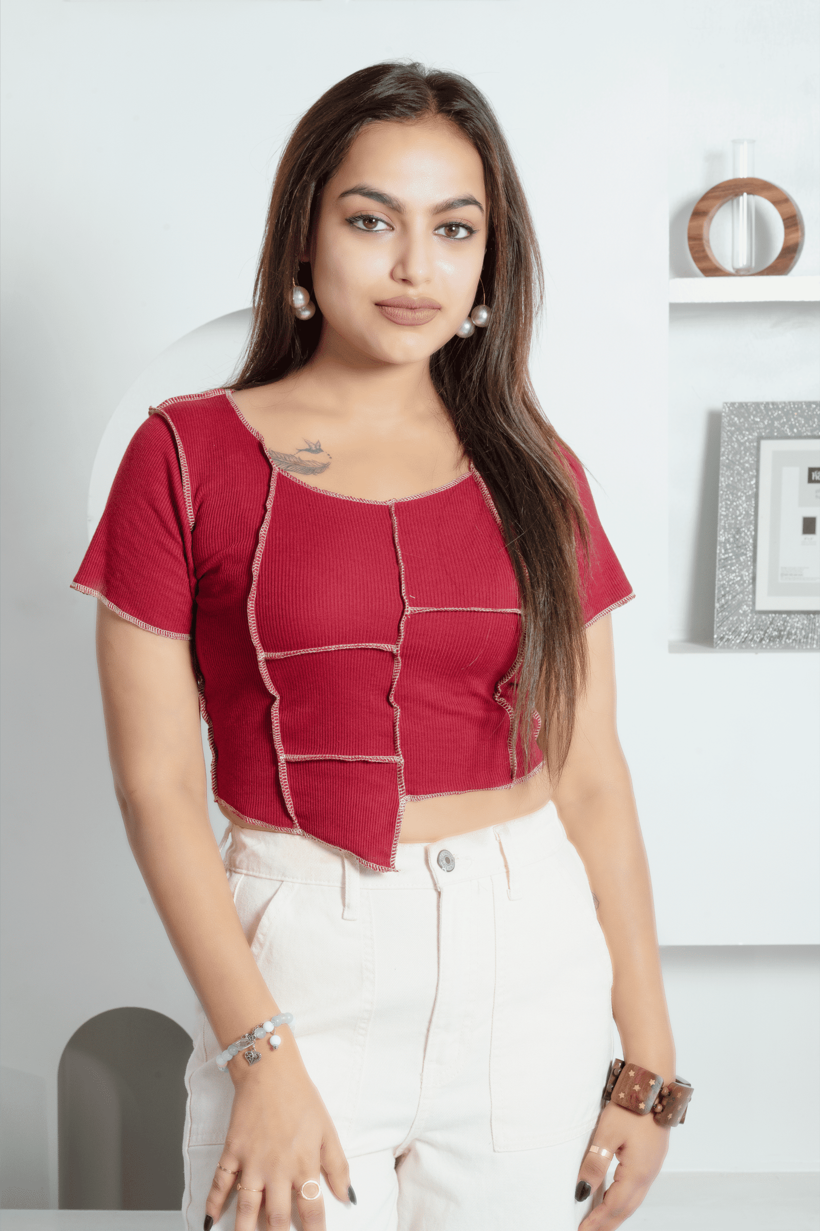 Maroon Contrast Stitch Ribbed Crop Top for Women