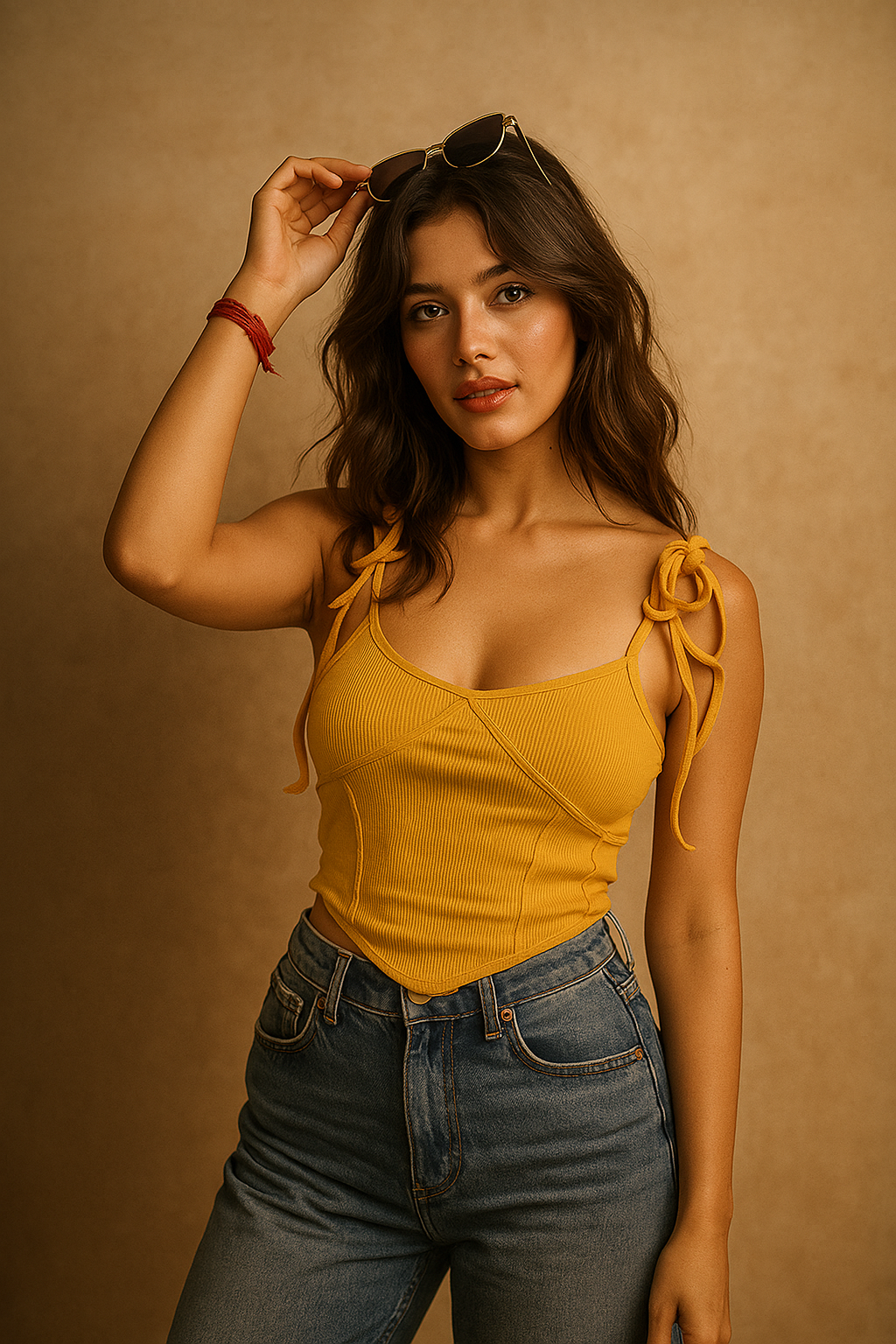 Yellow Tie-Strap Ribbed Cami Crop Top for Women