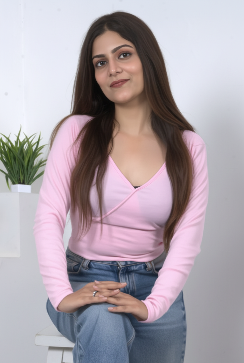 Pink Wrap Neck Full Sleeve Crop Top for Women