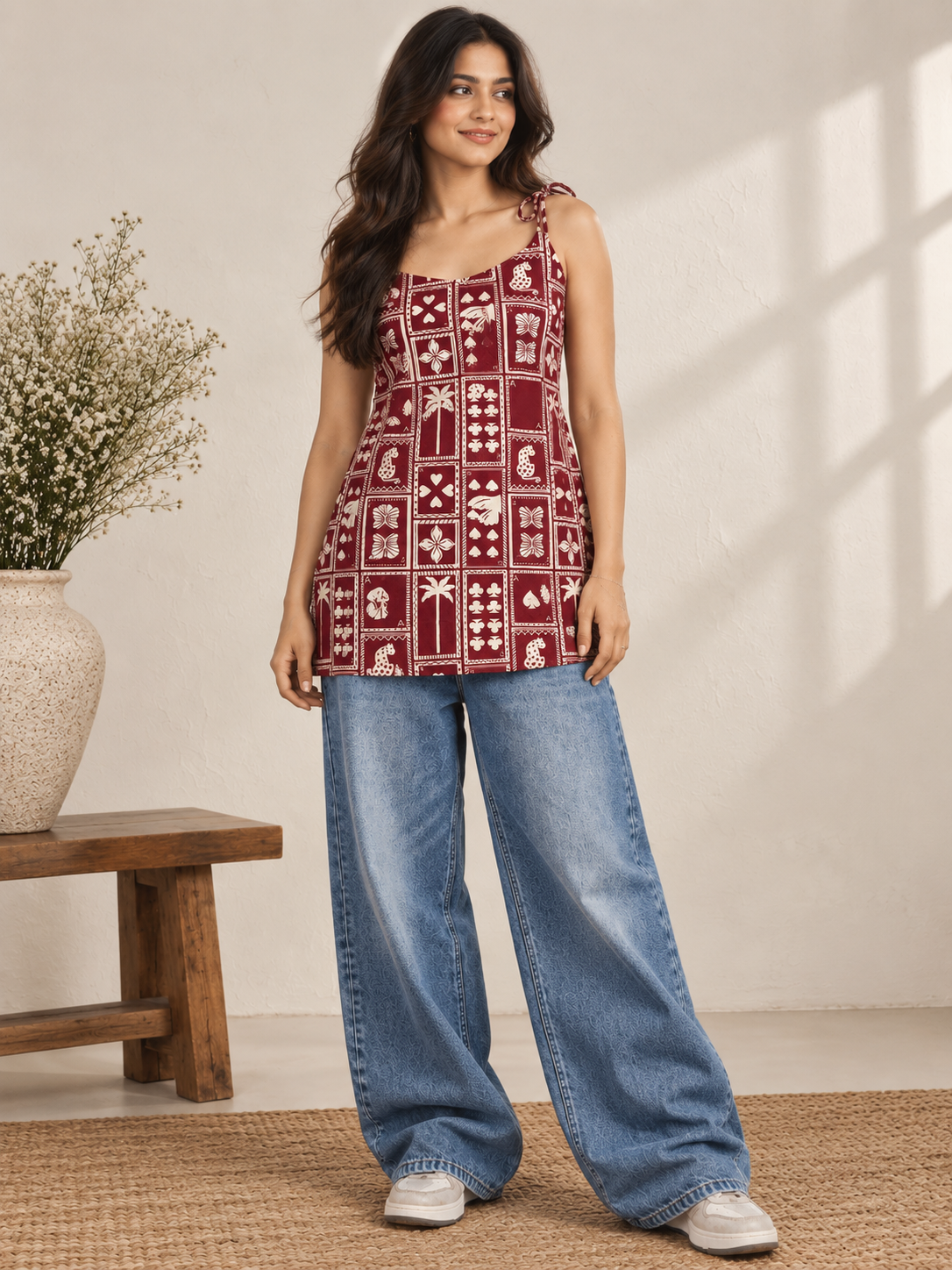 Maroon and white Playing Card Print Tie-Strap Short Kurti