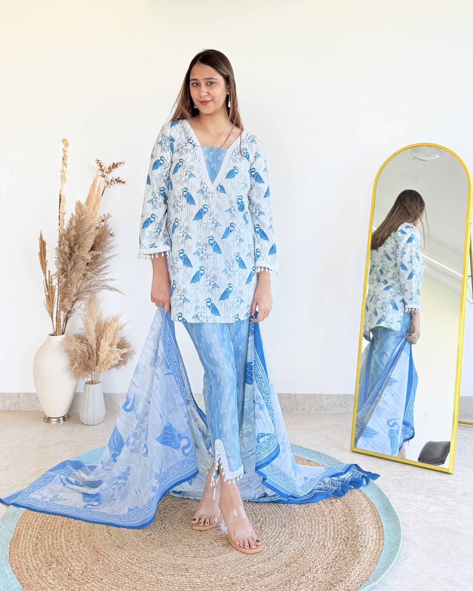 Women Blue Peacock Printed 3-Piece Kurta Set with Dupatta | Bilori Fashion